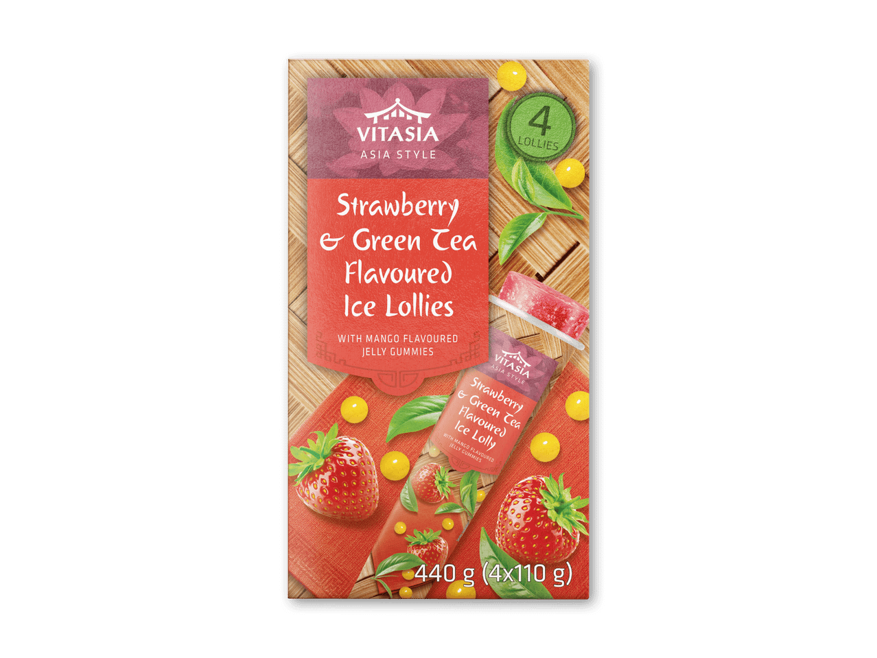 Pakke med jordbær- og grøn te-is med mangosmag og gelégodter, 4 lollies, 440g.