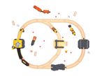Overhead view of a wooden toy train set with construction vehicles and accessories.