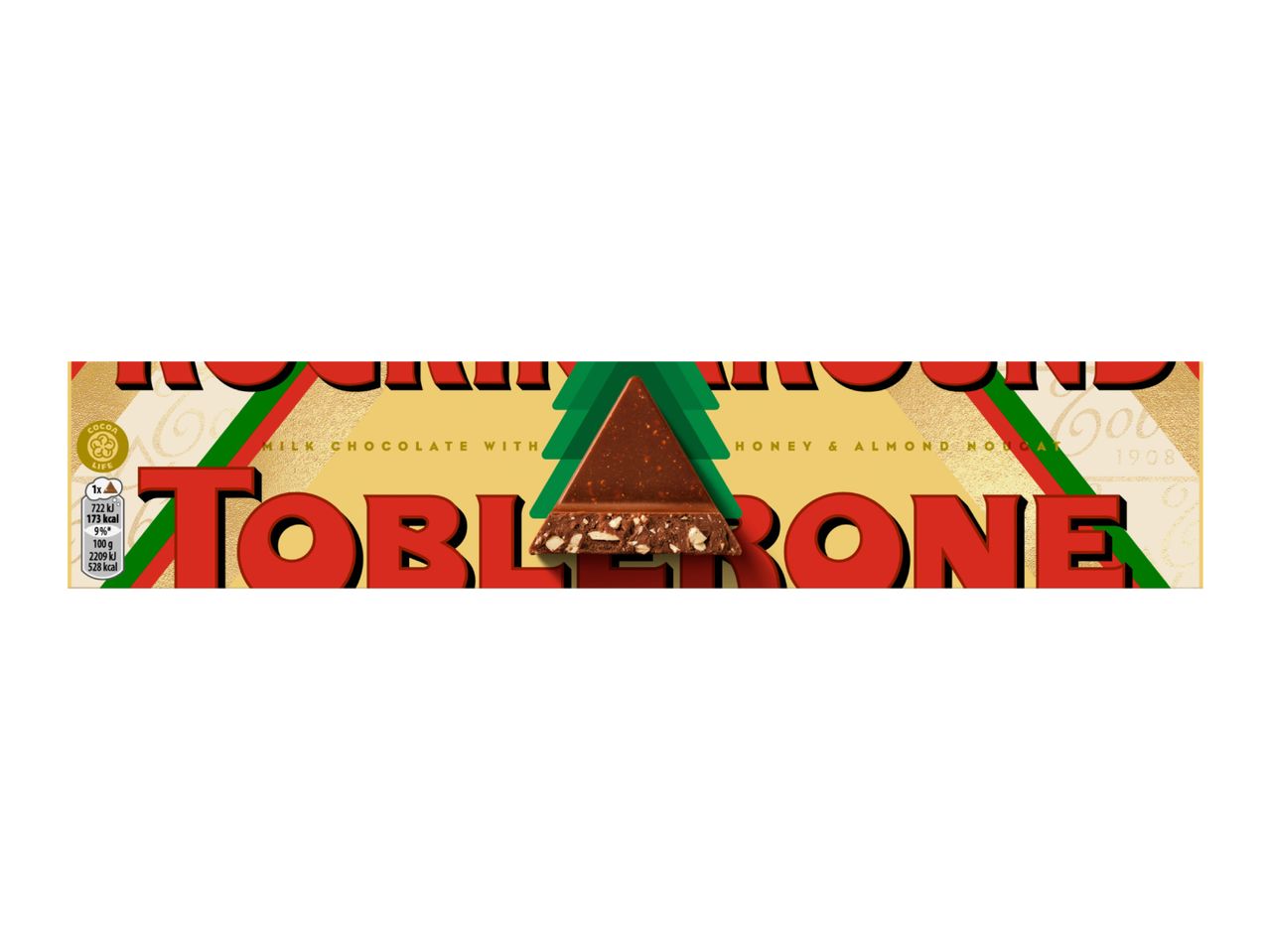 Toblerone milk chocolate bar with honey and almond nougat, showing nutritional info.