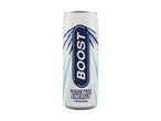 White sugar-free energy drink can with blue and light blue accents, featuring the word 'BOOST' vertically.