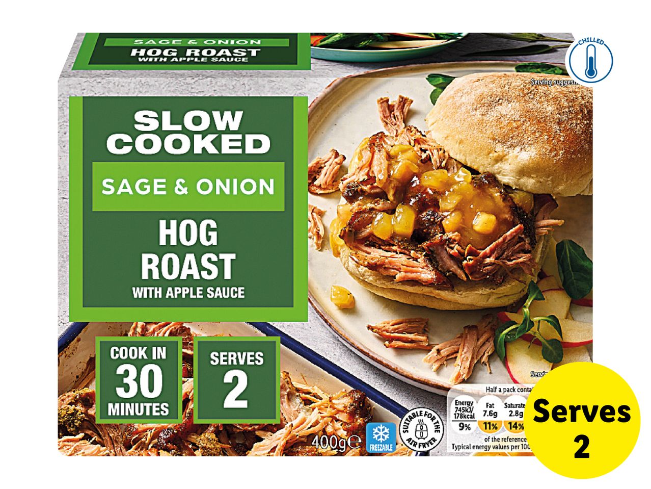 Packaging for slow-cooked sage & onion hog roast with apple sauce, showing a pulled pork burger and cooking details.