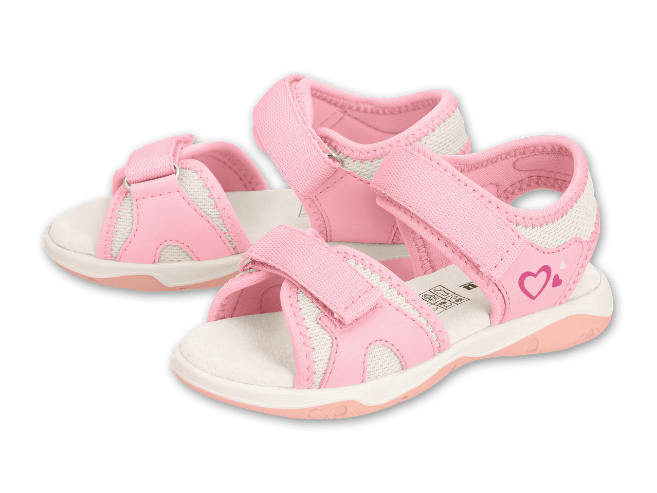 Zwei rosa Kindersandalen mit Klettverschluss und Herzmotiv.