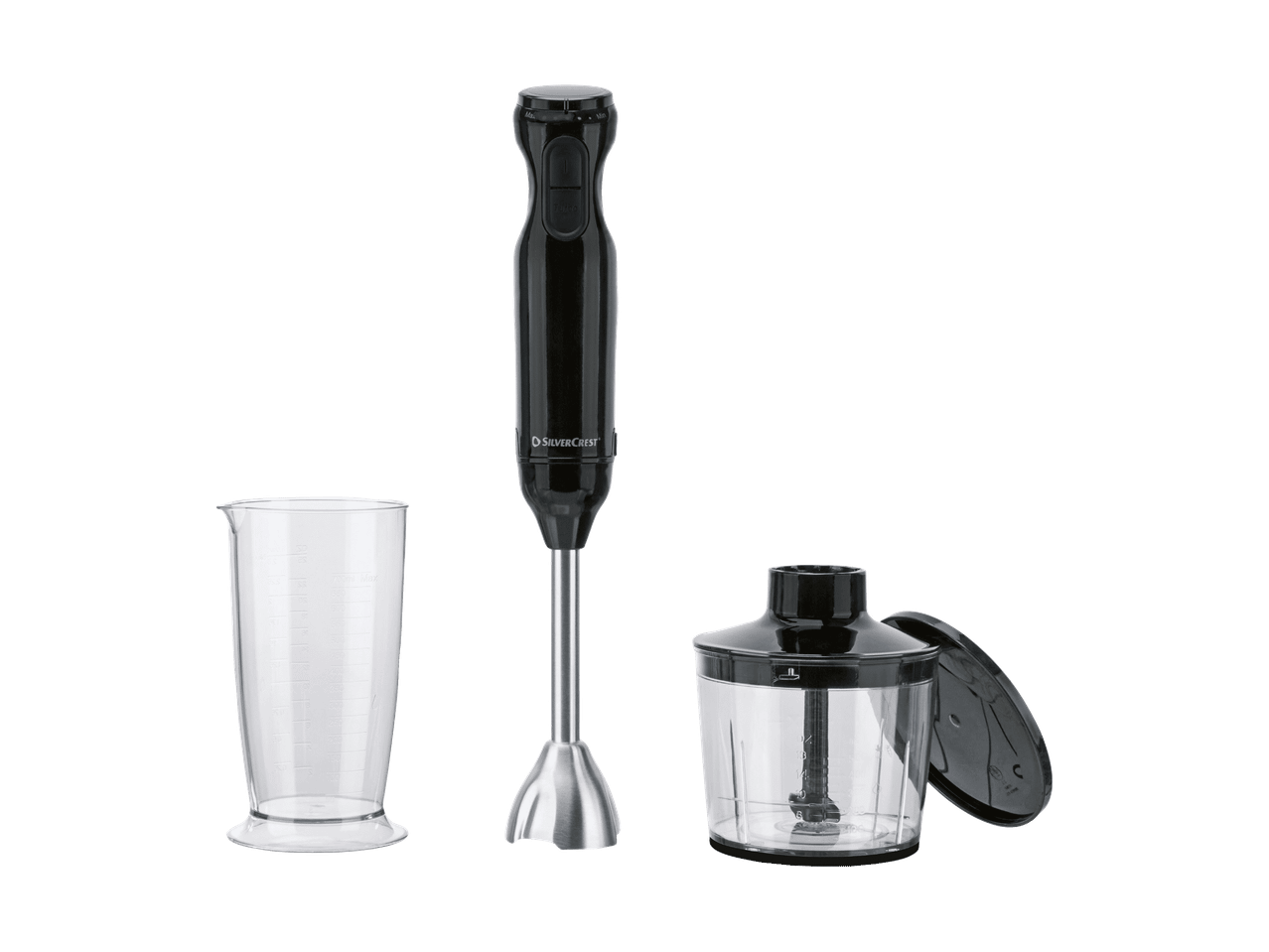 Stavblender med målebæger og minihakker.
