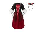 Children's vampire costume with a red and black dress and a bat headband.