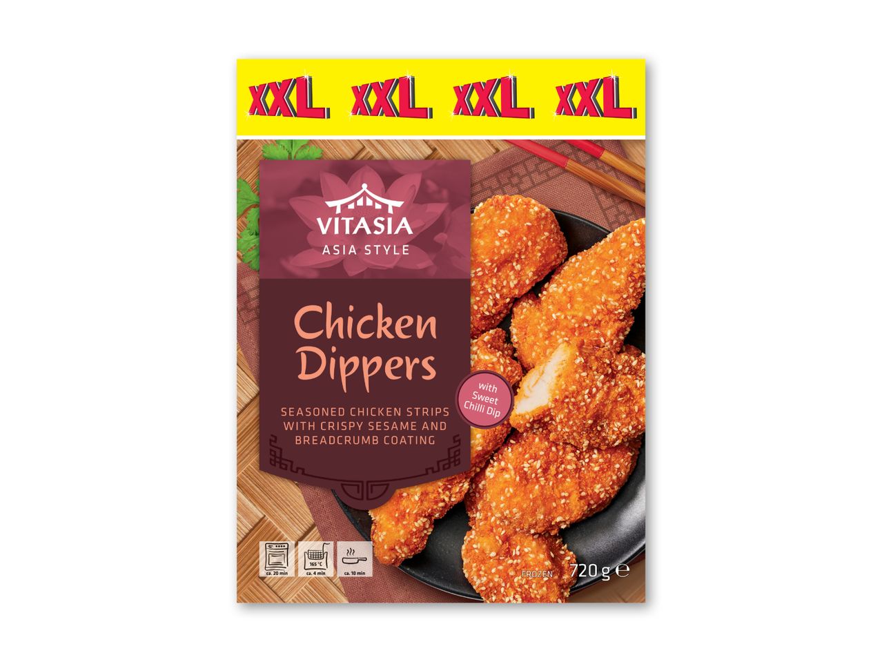 Vitasia Asia Style Chicken Dippers: 720g frosne, panerede kyllingestrimler med sesamfrø og sød chilidressing.