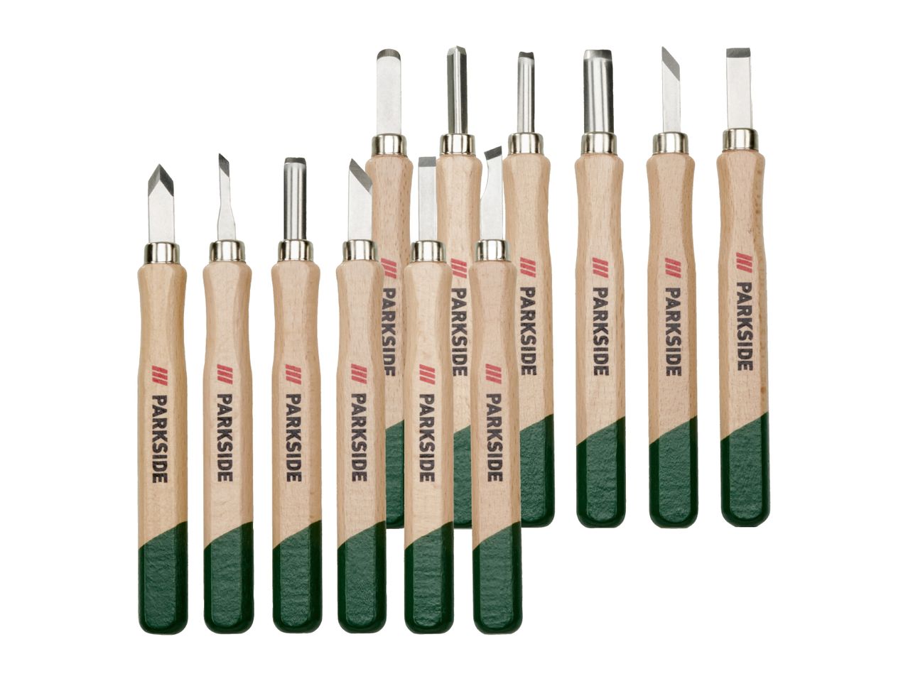 A set of twelve wood carving chisels with light wooden handles and green painted tips.