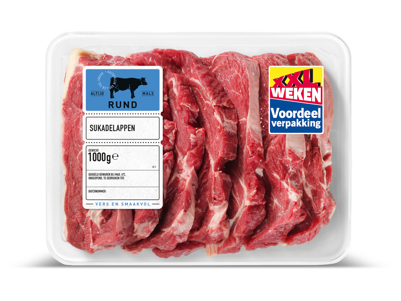 Een verpakking van 1000g sukadelappen van rundvlees, met een XXL Voordeelverpakking label.