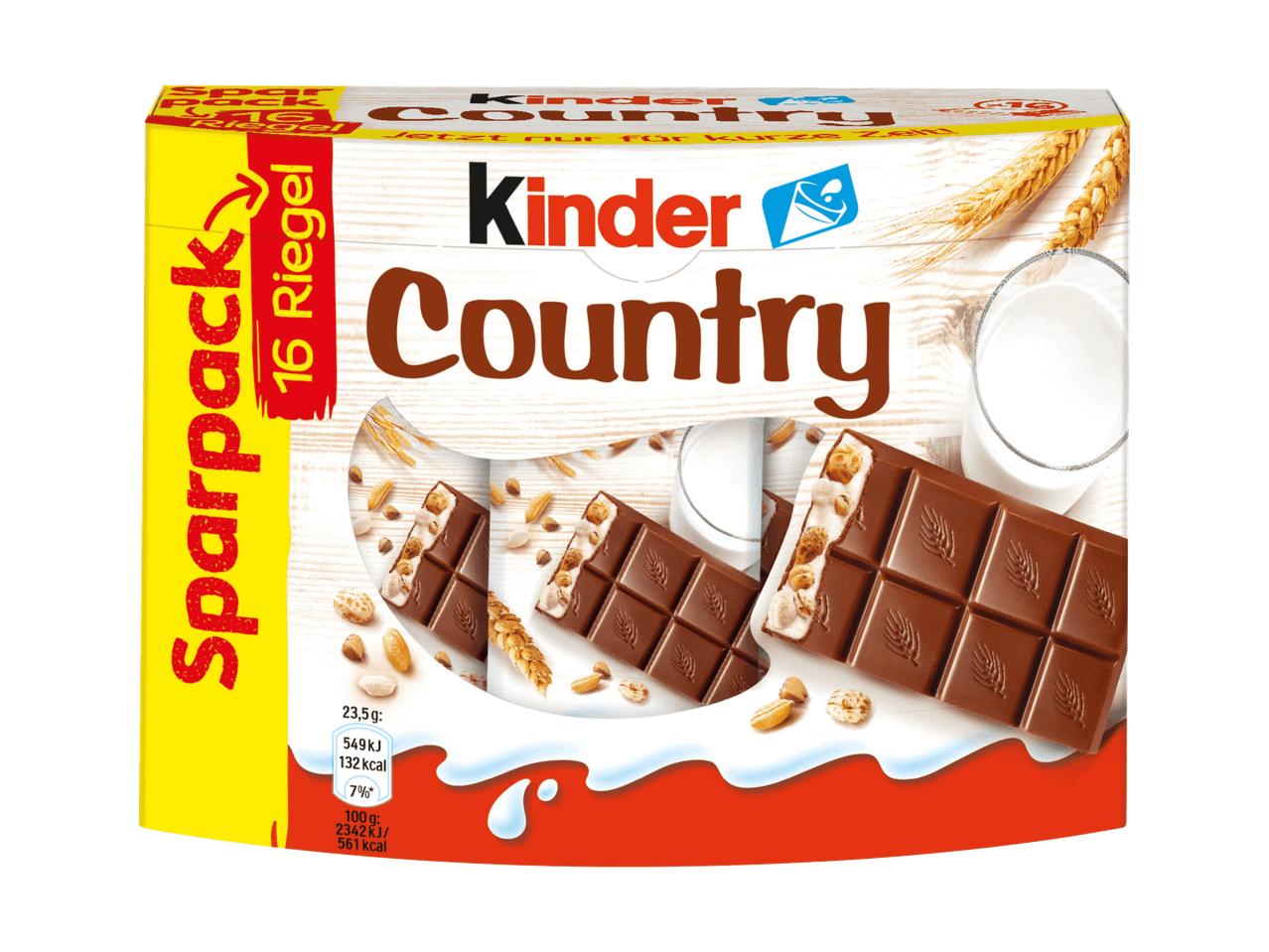 Packung Milchschokoladenriegel mit Getreide, inklusive Nährwertangaben.