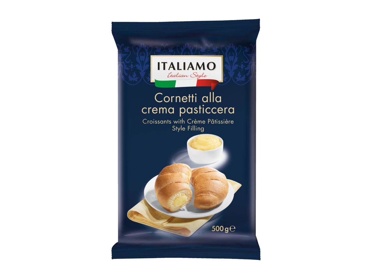 Dark blue package of croissants with crème pâtissière style filling, 500g.