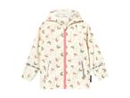 Cream-colored rain jacket with pink and green butterfly print