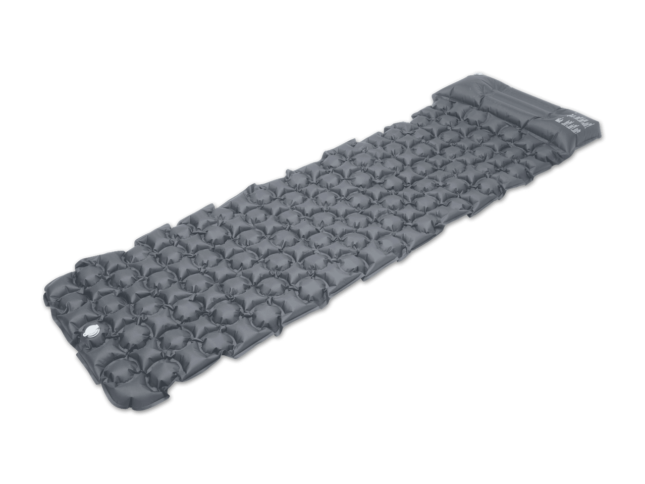Graue aufblasbare Isomatte mit Wabenstruktur und Ventilen an beiden Enden.