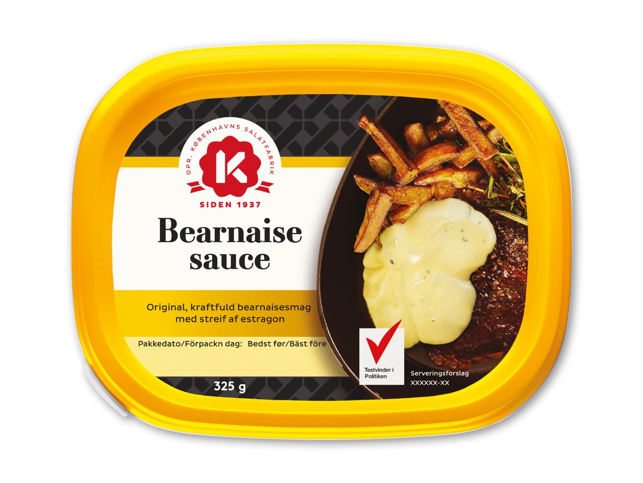 En gul bakke med bearnaisesauce, der viser en servering med bøf og fritter.