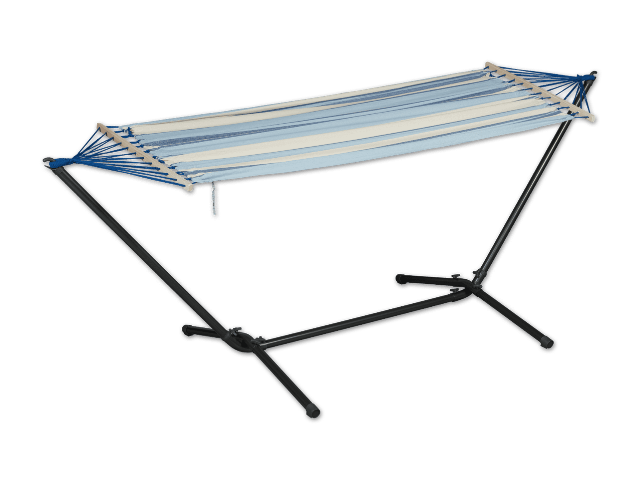 Eine blau-weiß gestreifte Hängematte mit schwarzem Metallgestell.