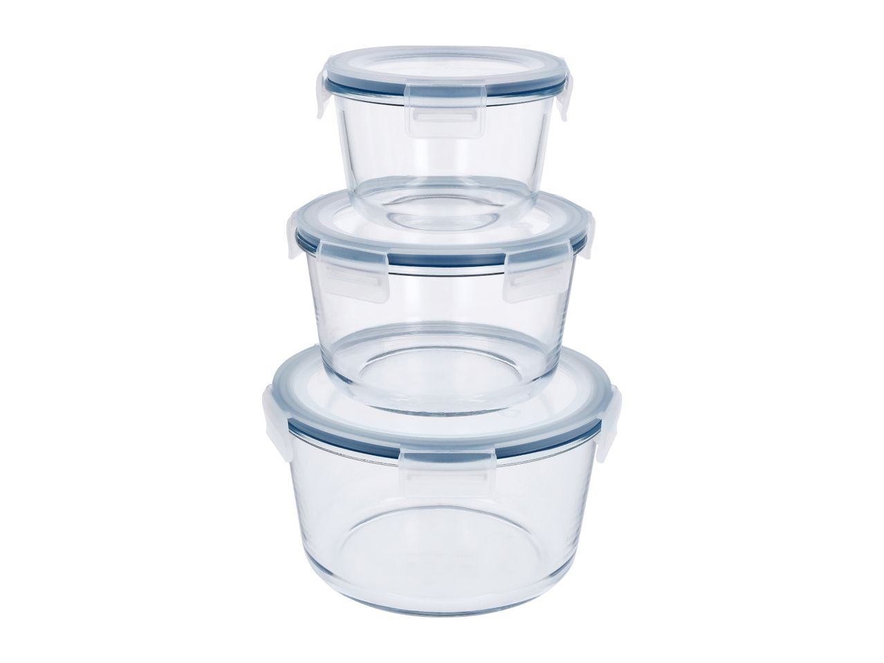 Stack of three round glass food storage containers with clear lids and blue seals.