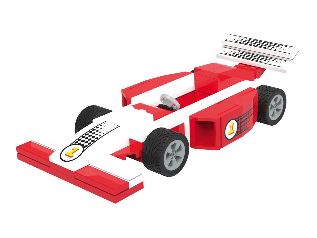 Red and white toy race car with number 1 and checkered flag details.