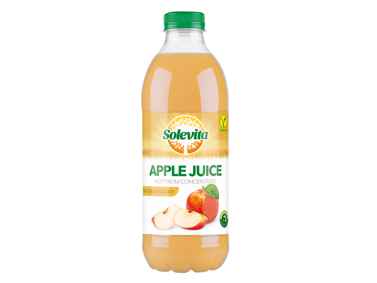 Sticlă de suc de mere SoleVita, tulbure natural, fără concentrat, cu mere roșii.