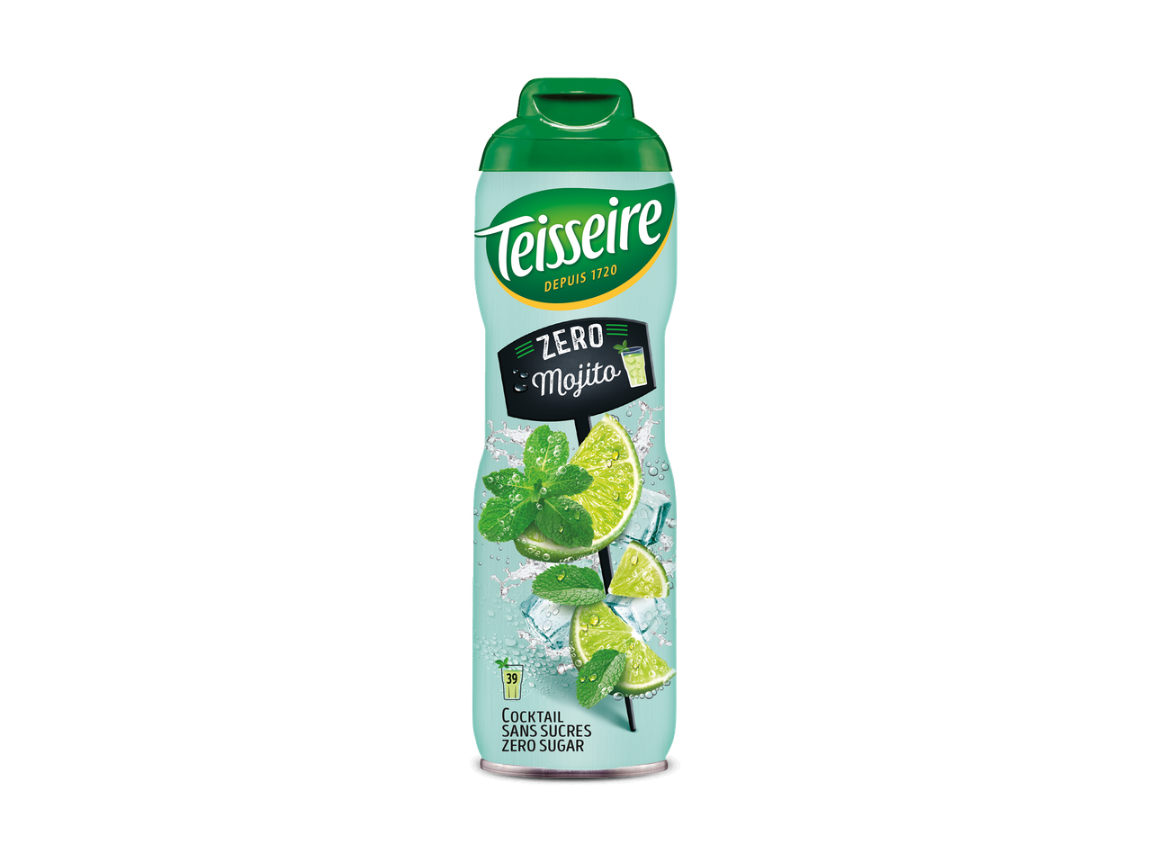 Fles mojito siroop zonder suiker met munt en limoen.