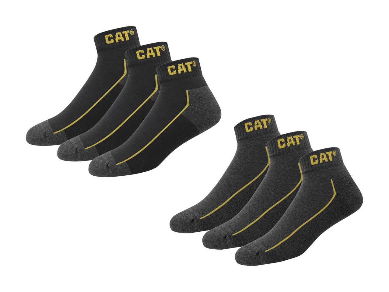 Caterpillar Kurzsocken, drei Paar schwarz und drei Paar grau.