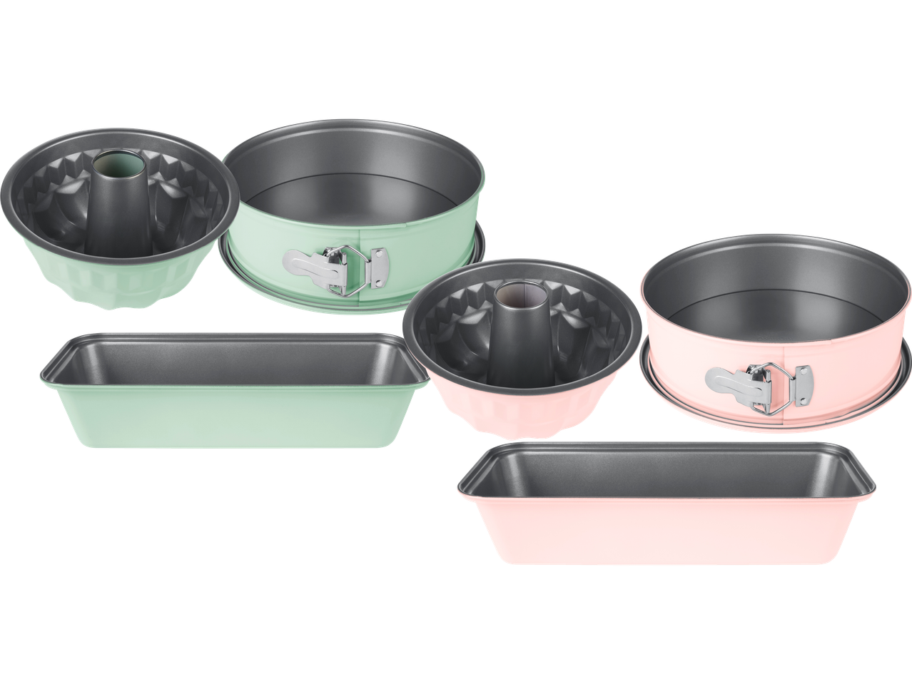 Bakformar i mintgrönt och rosa, inklusive springformar, sockerkaksformar och brödformar.
