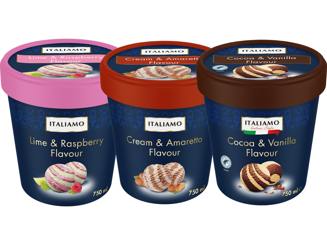 Tre behållare med glass från ITALIAMO i smakerna lime & hallon, grädde & amaretto samt kakao & vanilj.