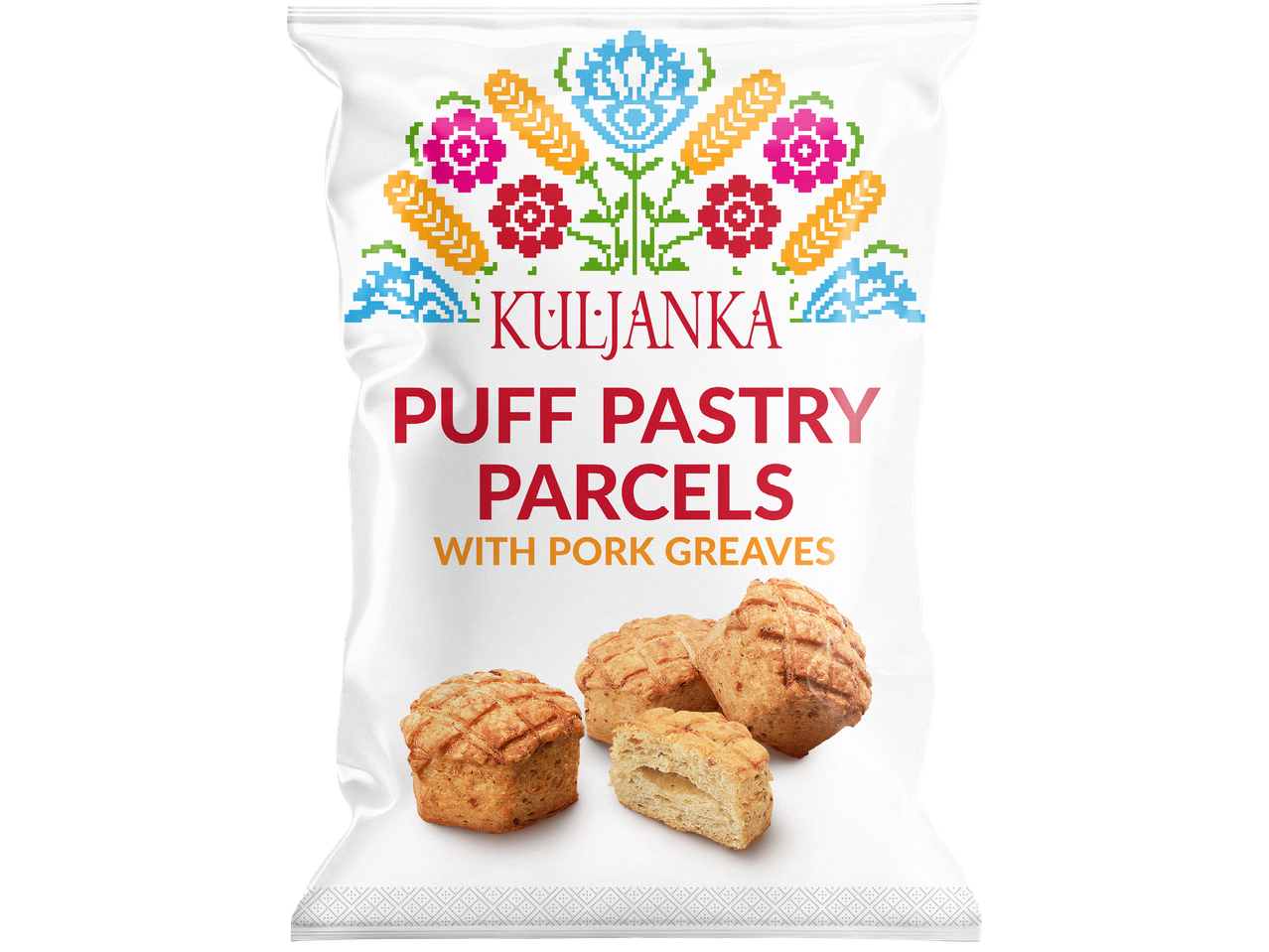 En vit påse med 'Kuljanka Puff Pastry Parcels with Pork Greaves' och tre bakverk.