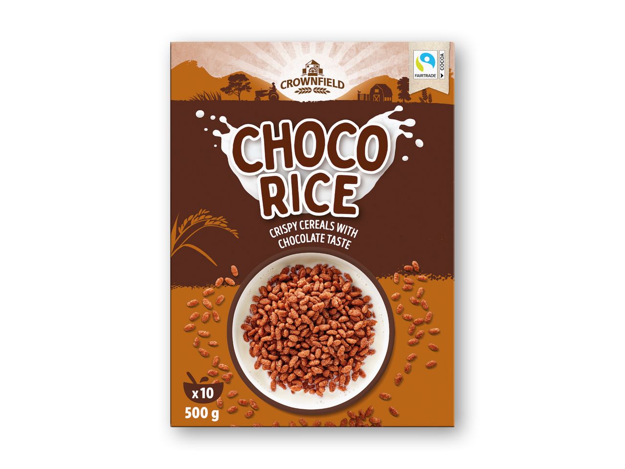 Chokoladeris-morgenmadsprodukt med Fairtrade-kakao, der viser en skål med mælk og korn.