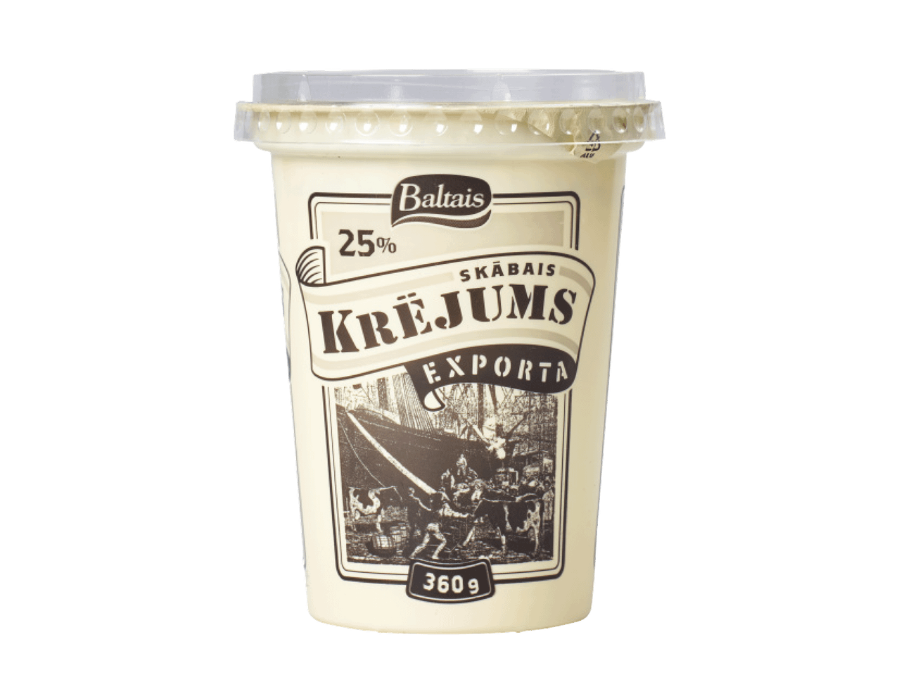 Baltais 25% skābais krējums, 360g, ar retro stila dizainu.