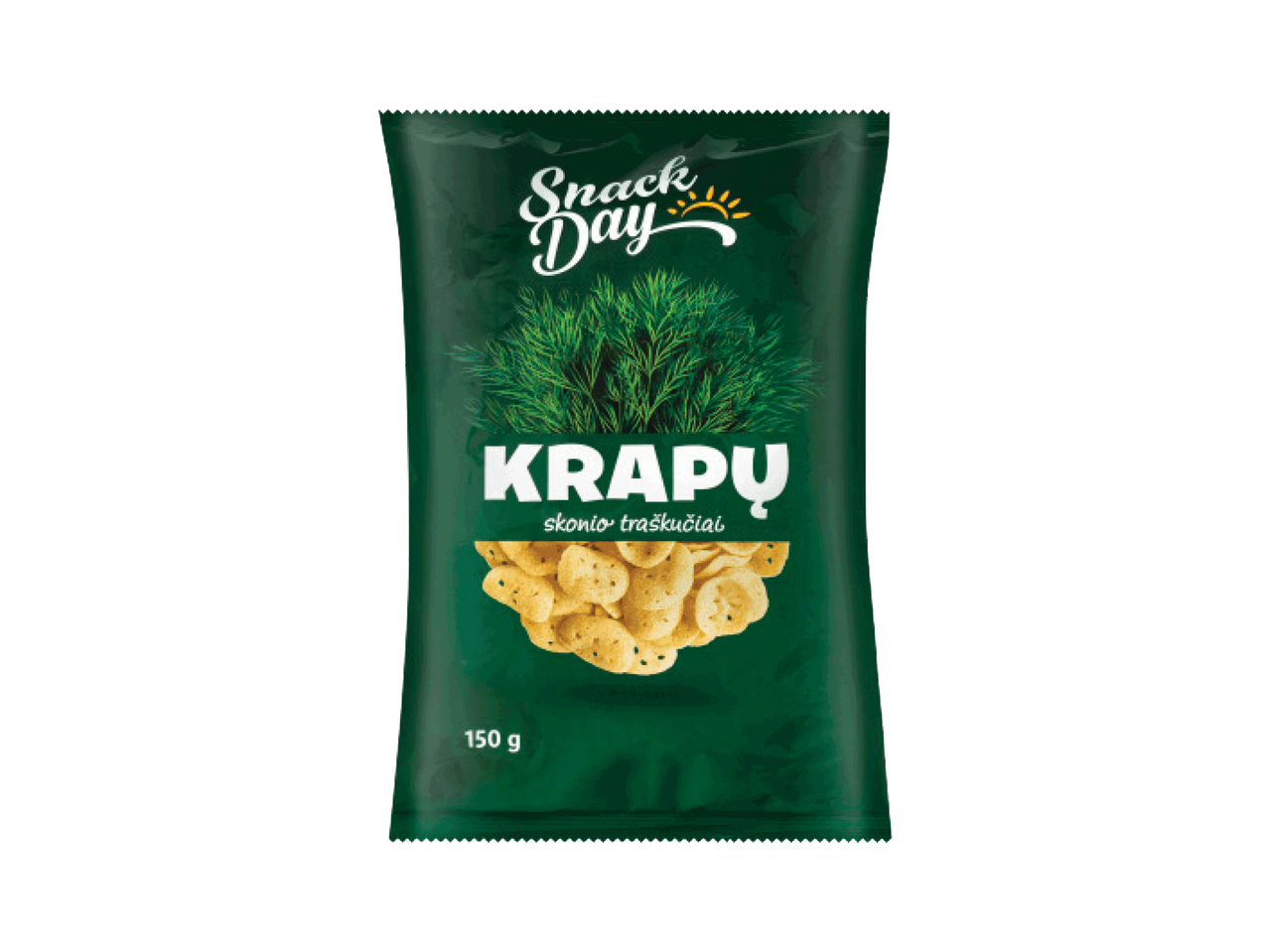 Snack Day krapų skonio traškučiai, 150 g pakuotė.