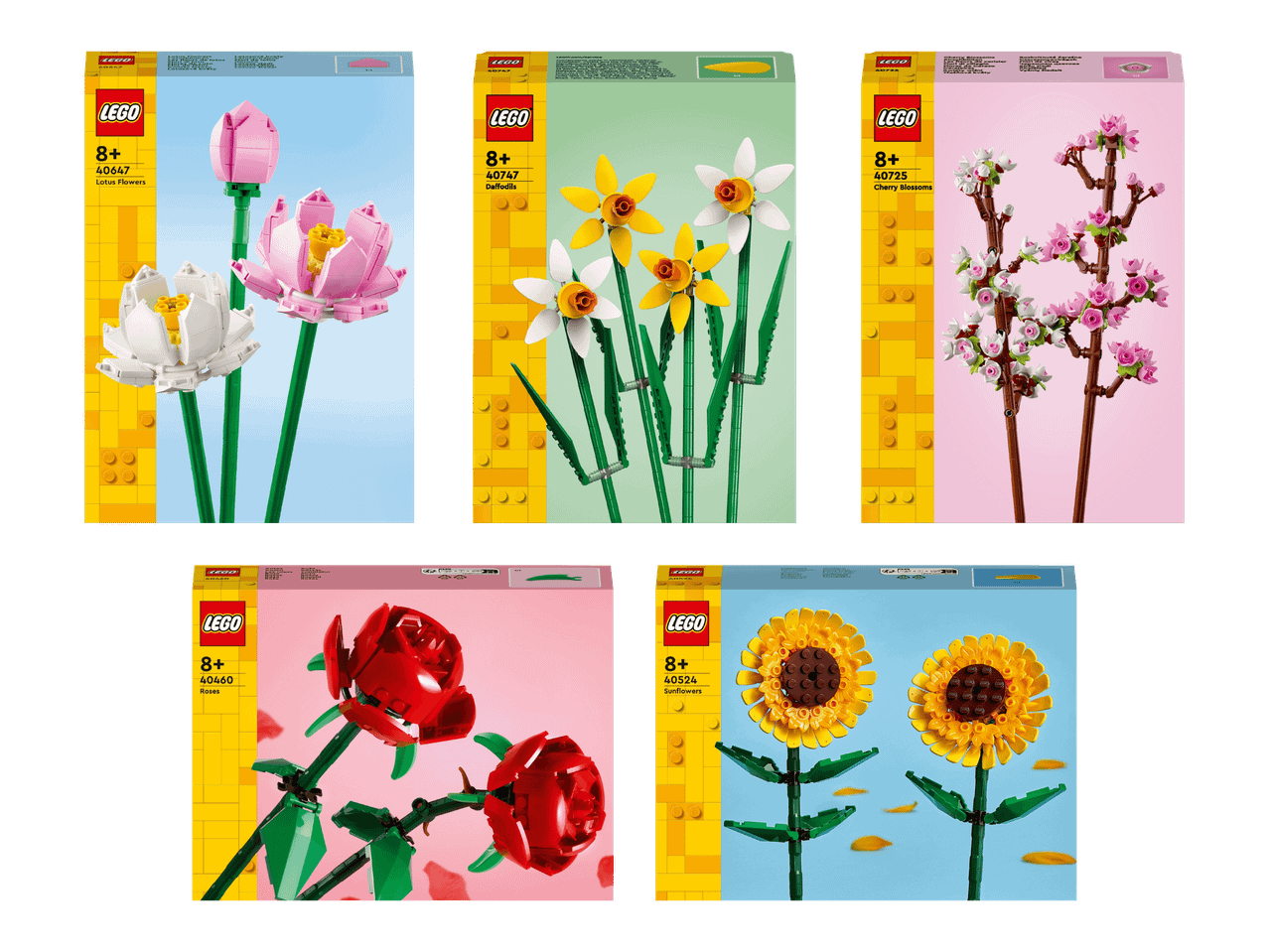 Viisi LEGO-kukkasettiä, mukaan lukien lootukset, narsissit, kirsikankukat, ruusut ja auringonkukat.