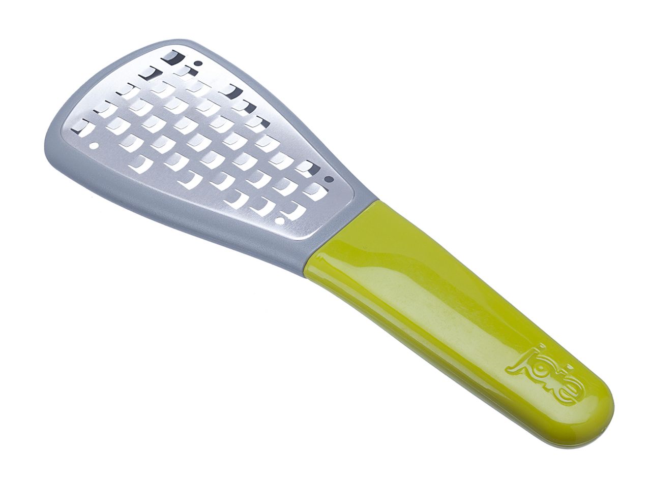 A lime green and gray handheld grater.