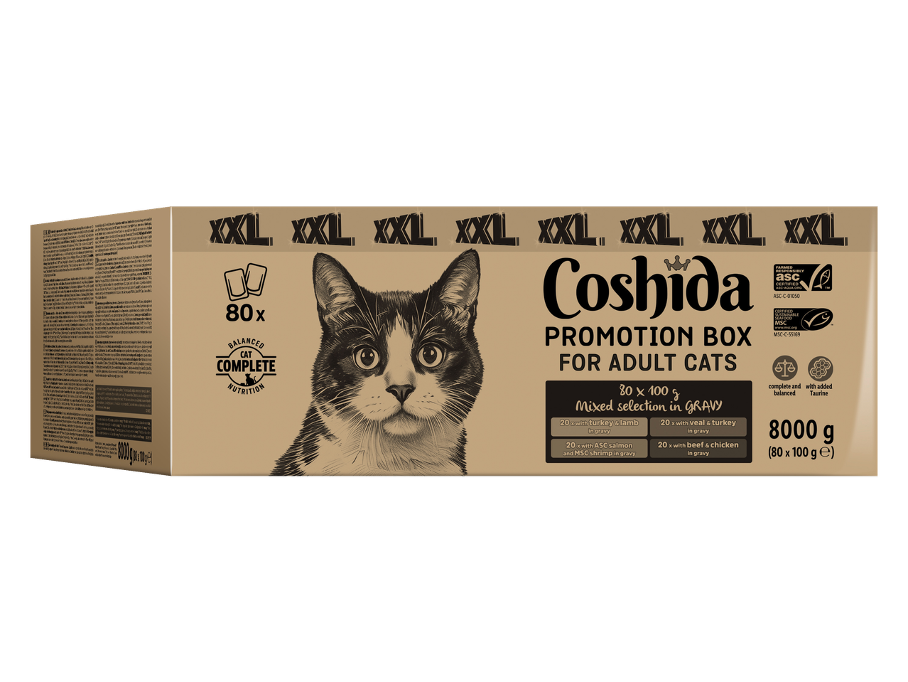 Coshida XXL promotiebox kattenvoer voor volwassen katten met 80x100g zakjes in saus, diverse smaken.