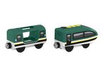 Two green toy train carriages, one with an open top and the other with yellow buttons.