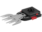 Lame de cisaille à gazon et arbustes en acier inoxydable avec boîtier noir et boutons rouges.