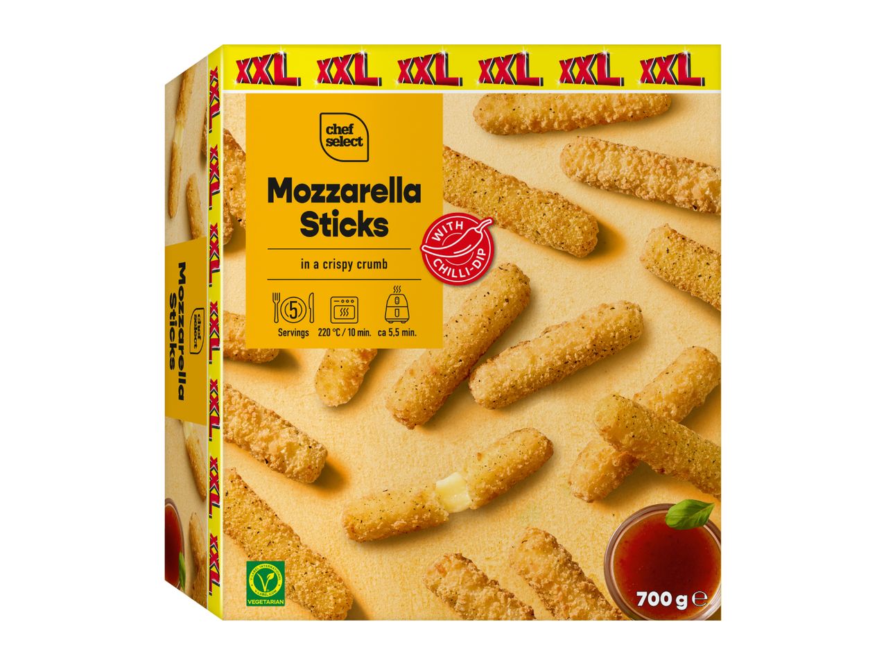 A box of mozzarella sticks with a chili dip, featuring cooking instructions and a vegetarian label.