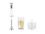 White immersion blender with a measuring cup containing fruit and a food chopper.