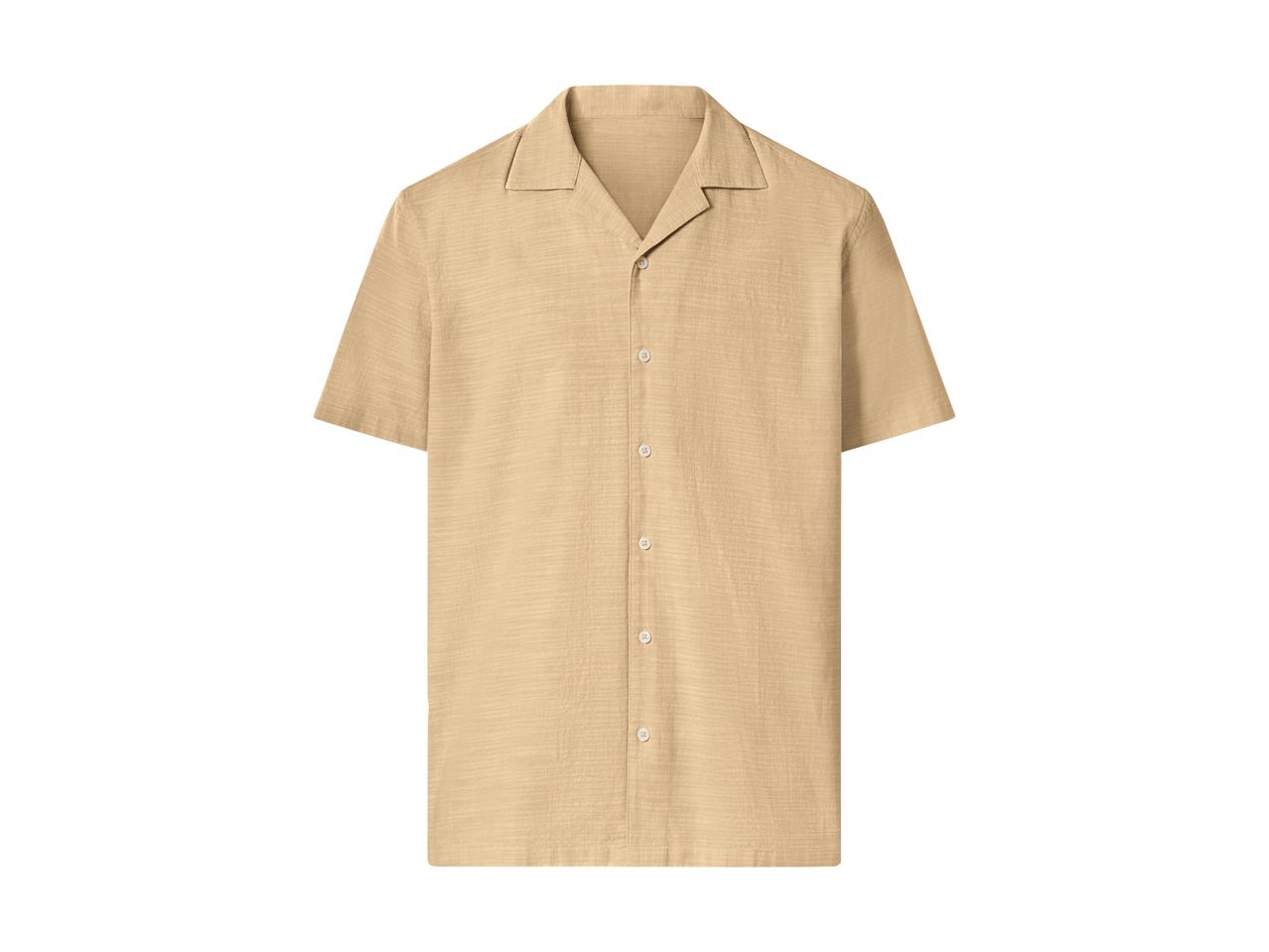 En beige kortærmet skjorte med krave og knapper.