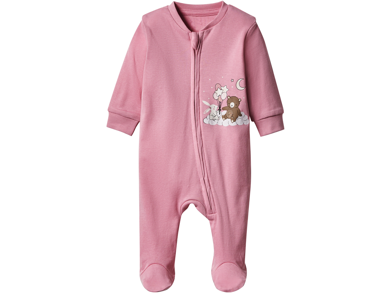 Lupilu baby sleepsuit in pink with a rabbit and bear graphic.