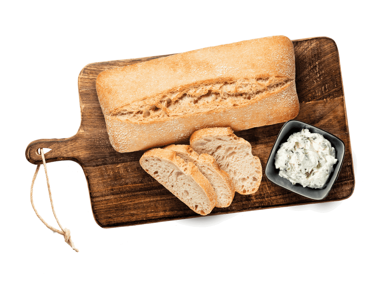 Brot und Kräuterquark auf einem Holzbrett