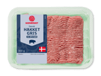 Pakke med hakket gris med 14-18% fedt, 300 g, med dansk flag.