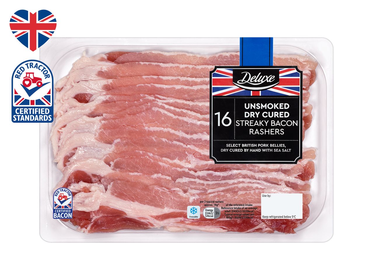 Deluxe unsmoked streaky bacon: 16 rashers, Red Tractor certified.