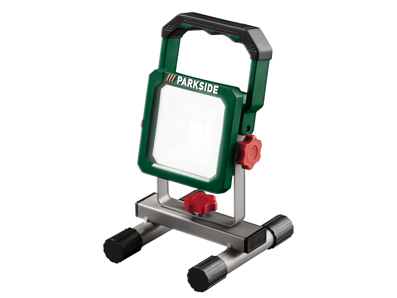 Prijenosni LED reflektor zelene i sive boje s crvenim gumbima za podešavanje.