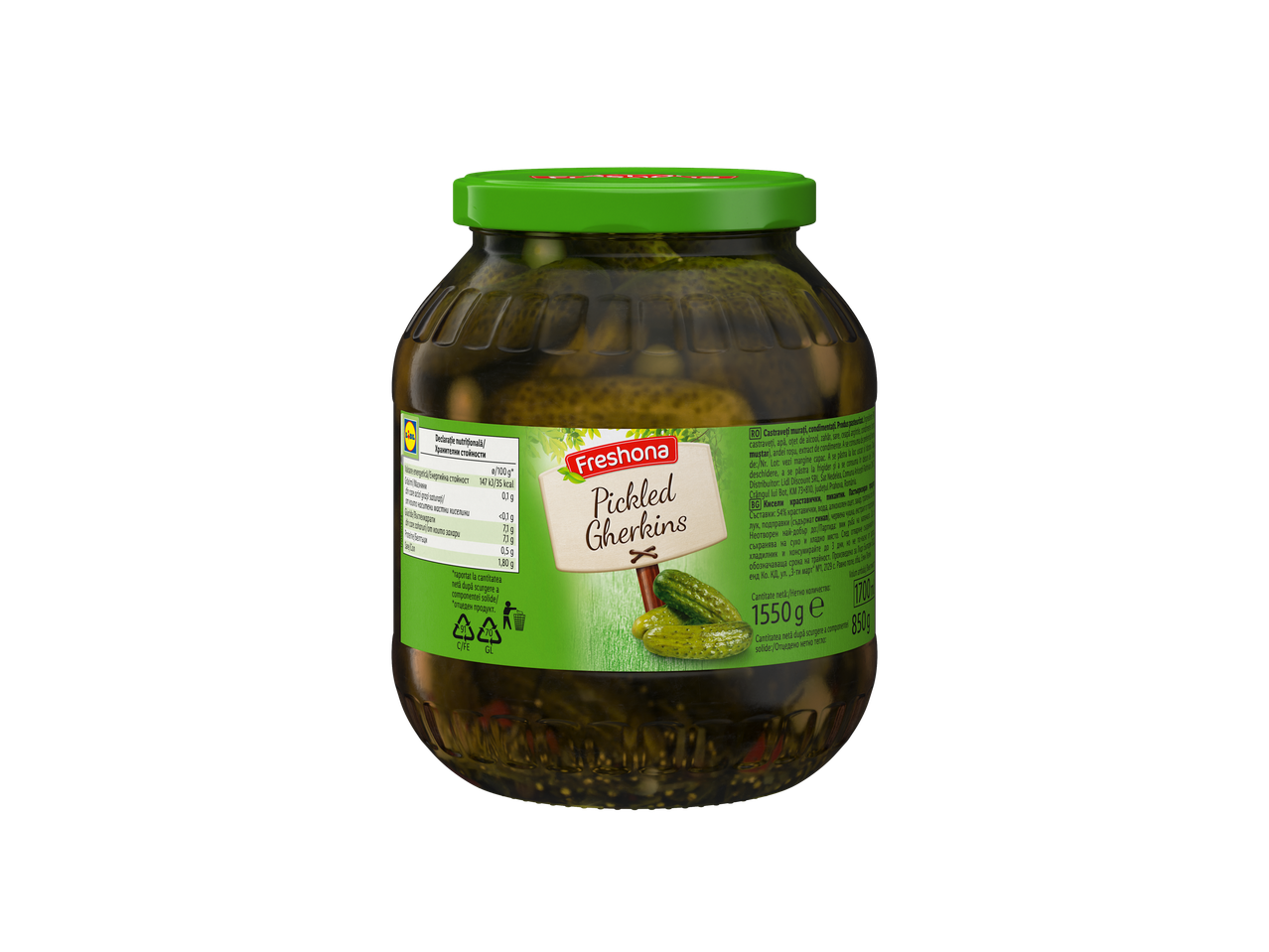 Castraveți murați Freshona în borcan de sticlă cu capac verde, afișând informații nutriționale.