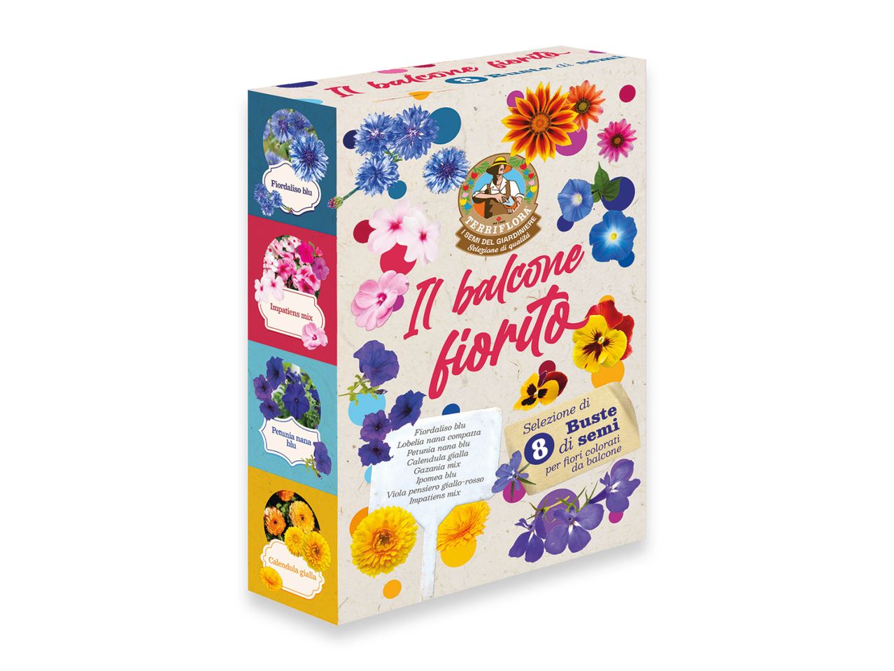 Scatola di Sementi per fiori da balcone illustrata con colori vivaci.