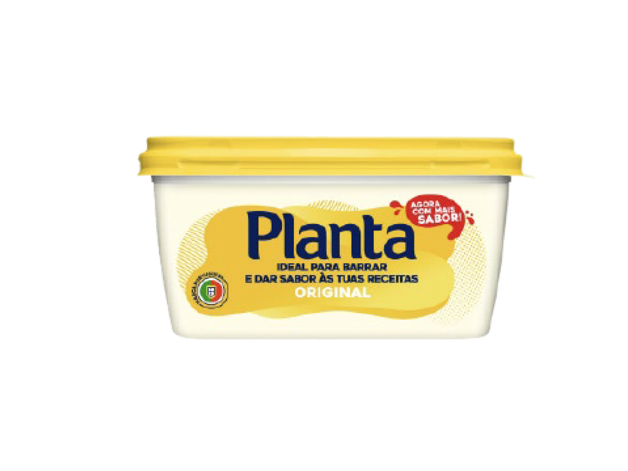 Margarina para barrar em embalagem branca com tampa amarela, com a inscrição 'AGORA COM MAIS SABOR'.