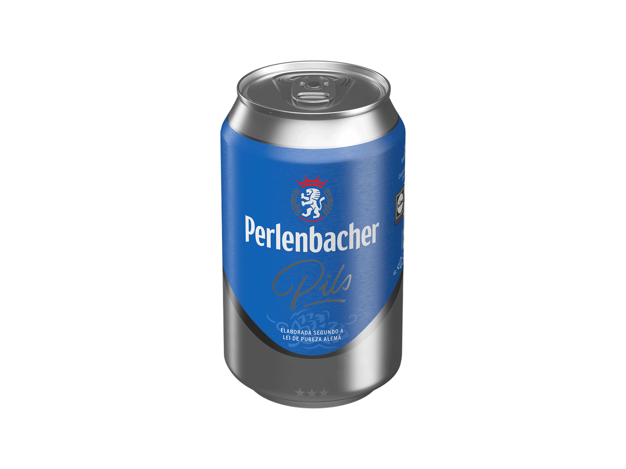 Lata de cerveja pilsner azul e prateada com texto 'Perlenbacher Pils' e um brasão de leão.