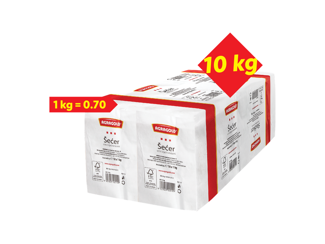 Pakiranje od 10 kg šećera s naznačenom cijenom od 0,70 po kilogramu.