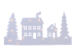 LIVARNO home LED Window Decoration: White felt winter village scene with houses and trees, illuminated.