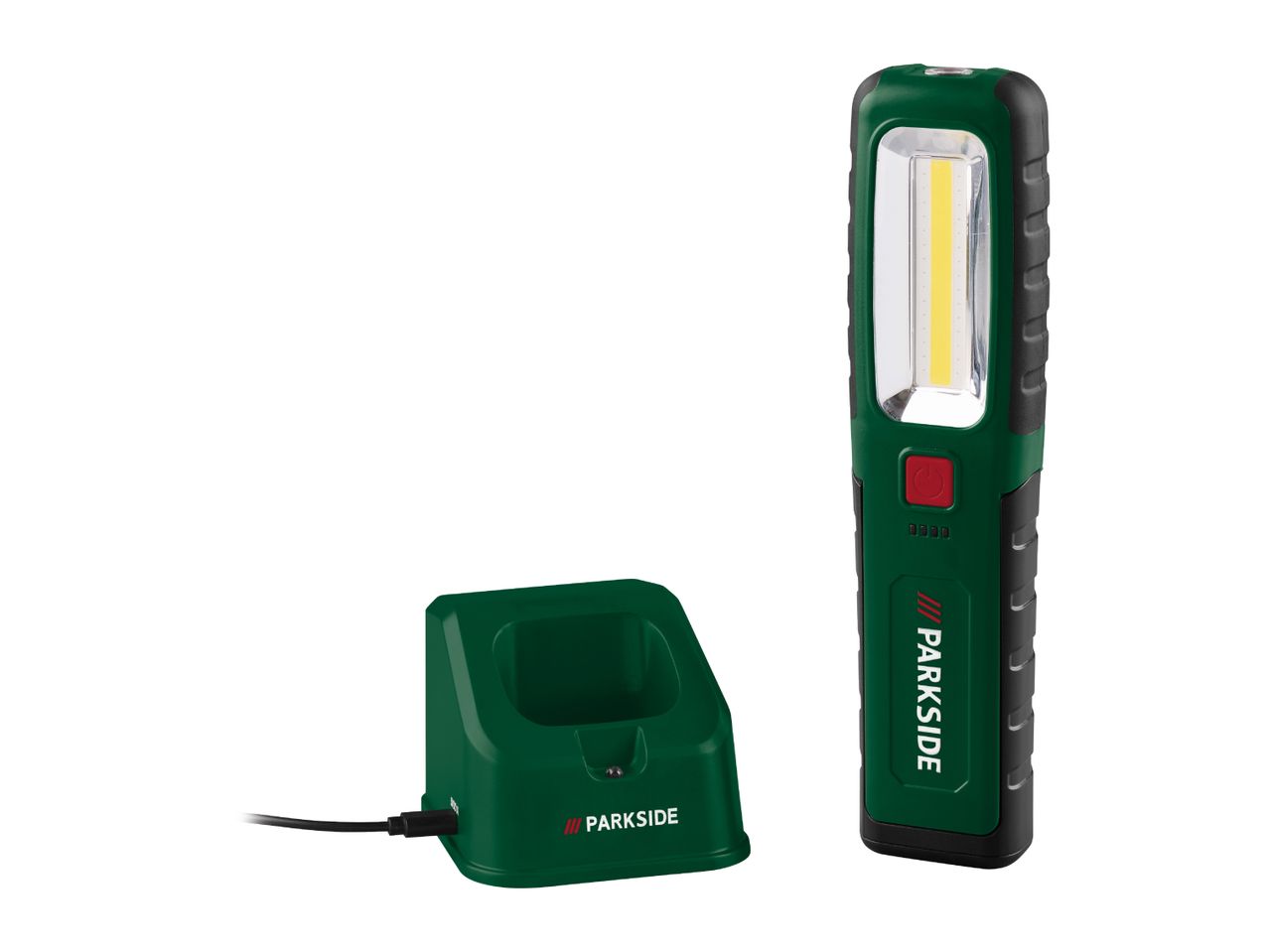 A green LED work light with a charging station, featuring a red power button and battery indicators.