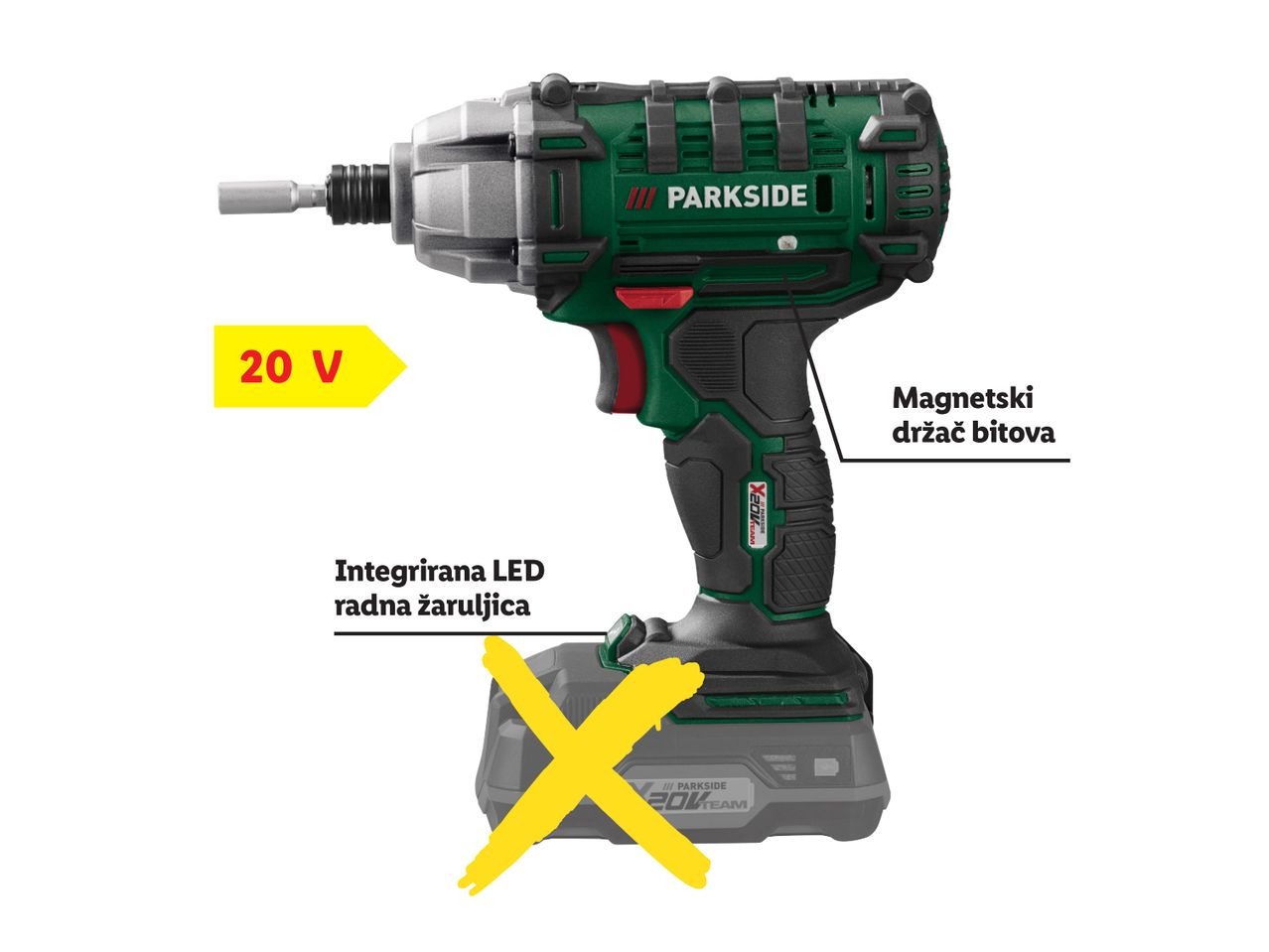 Parkside udarni odvijač s 20V baterijom, integriranom LED lampicom i magnetskim držačem bitova.