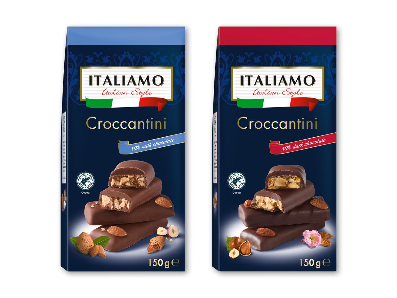 To pakker chokoladebarer, en med 50% mælkechokolade og en med 50% mørk chokolade, begge med nødder.